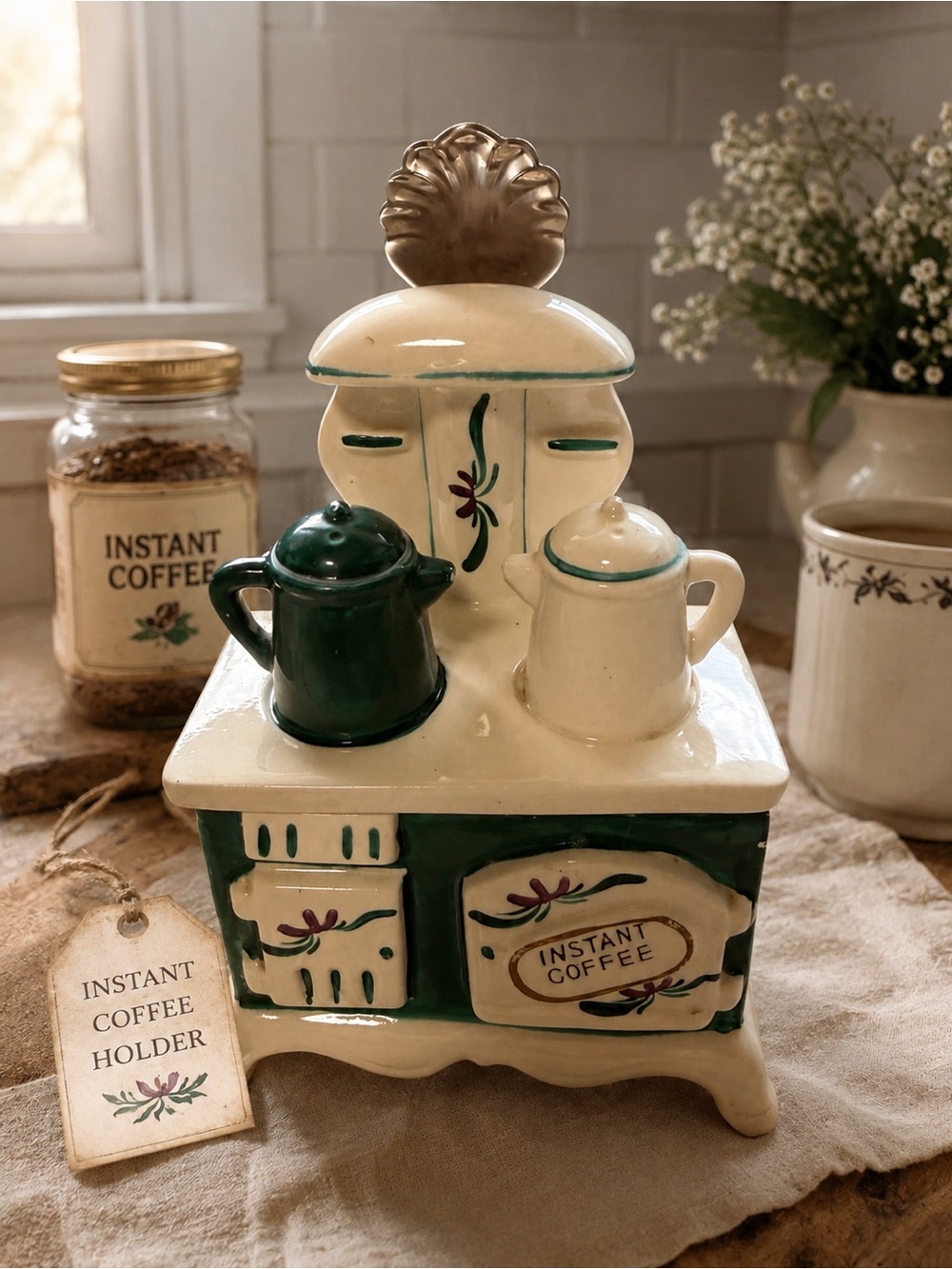 Vintage Ceramic Instant Coffee Holder & Scoop Retro Kitchen Decor